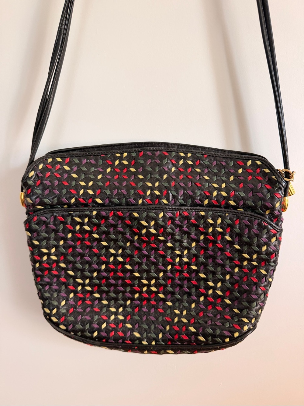 Mannelli Woven Pattern Crossbody Bag in Black with Red & Gold Accents